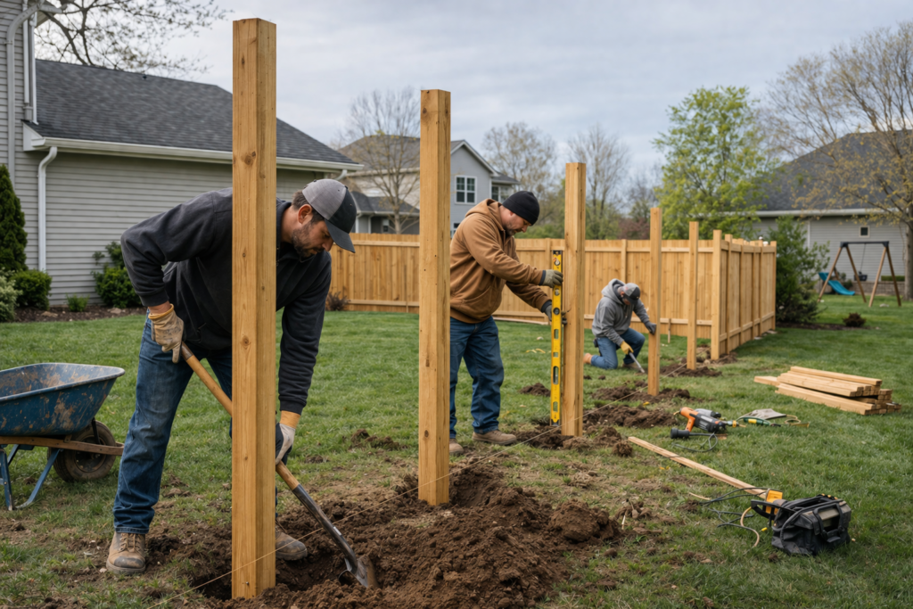 contractors leveling fence posts in south bend