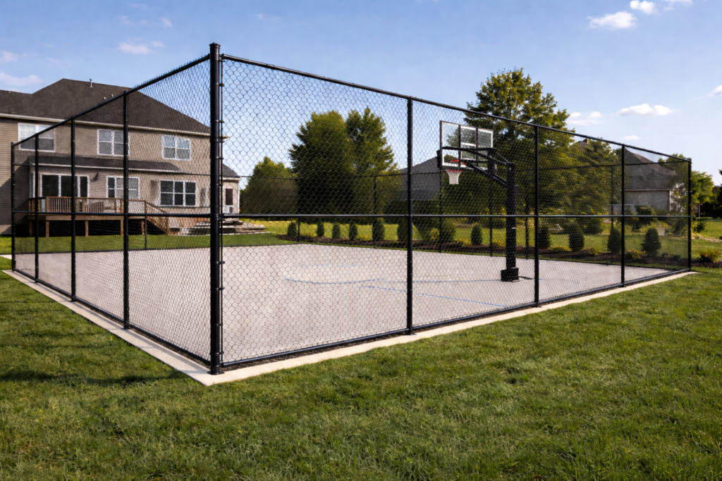 fenced in basketball court at goshe home